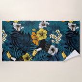 トゥーカンと熱帯植物、青、黄、オレンジ ビーチタオル (正面)