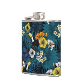 トゥーカンと熱帯植物、青、黄、オレンジ フラスク (左)