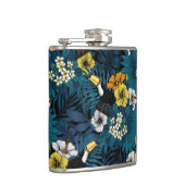 トゥーカンと熱帯植物、青、黄、オレンジ フラスク (右)