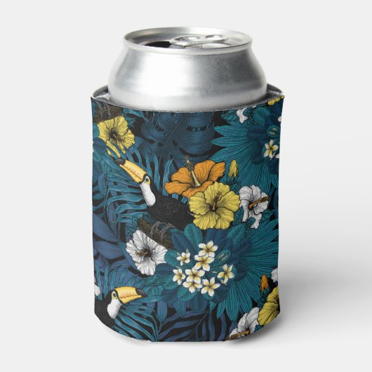 トゥーカンと熱帯植物、青、黄、オレンジ 缶クーラー (缶正面)