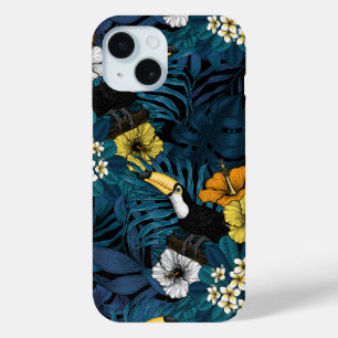 トゥーカンと熱帯植物、青、黄、オレンジ iPhone 15ケース