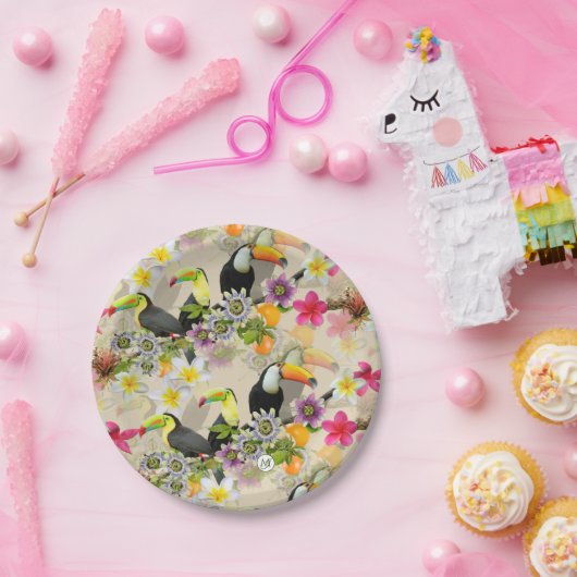 トゥーカンの鳥、パッションフラワー、プルメリア熱帯P ペーパープレート (パーティー)