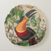 トゥーカンジャングルトロピカルバードビューティフルアンティーク ラウンドクッション (正面)