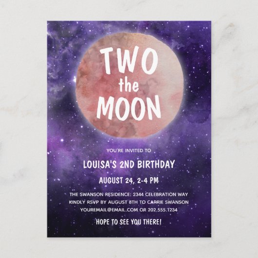 トゥーザムーンパープルピンクガール2歳の誕生日パーティー ポストカード (正面)