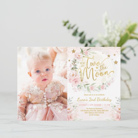 トゥーザムーン赤面ピンクフラワーズ第2誕生日ガール 招待状 (スタンド正面)