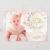 トゥーザムーン赤面ピンクフラワーズ第2誕生日ガール 招待状 (正面/裏面)