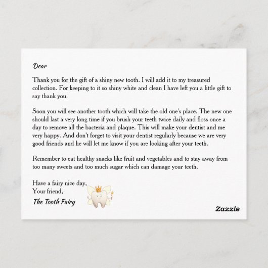 トゥース・フェアリー・レター・プリンセスと金ゴールド・コインティール（緑がかった色） ポストカード (裏面)