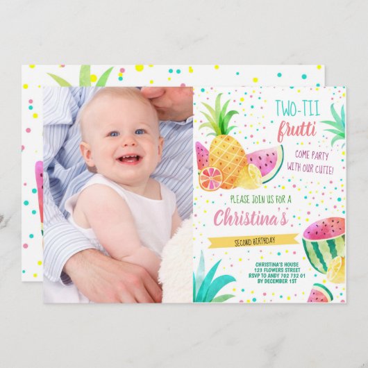 トゥーッティ·フルッティ·ガール第2回誕生日カスタム写真 招待状 (正面/裏面)