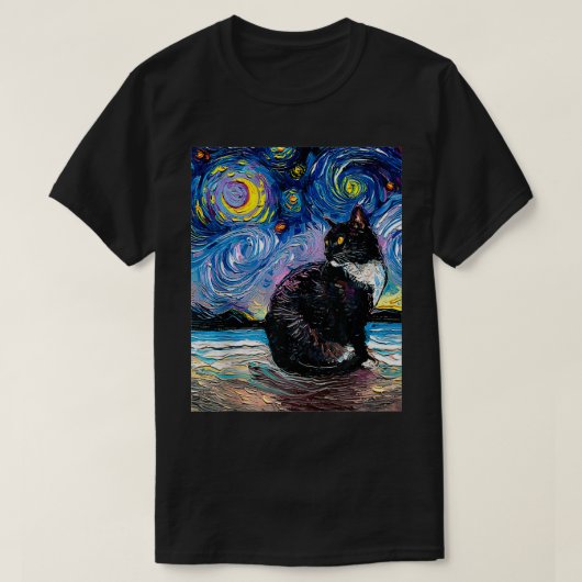 トゥードキャットオンビーチ星空の夜印象派アート Tシャツ (デザイン正面)