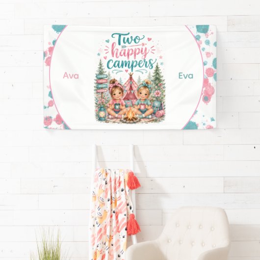 トゥーハッピーキャンパーズ 双子の女の子の誕生日パーティー 横断幕 (インサイチュ)