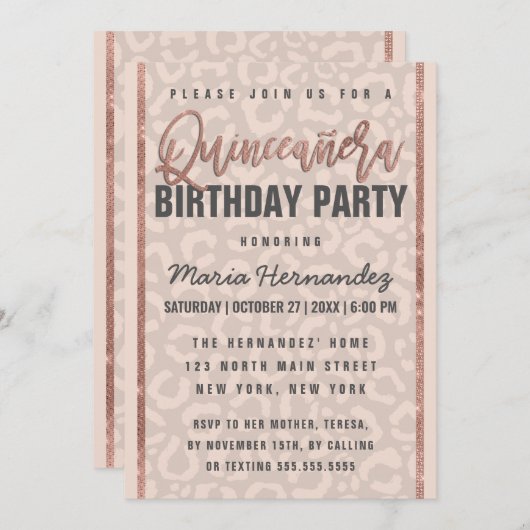 トゥーペピンクローズ金ゴールドグリッターチーターキンセアニラ 招待状 (正面/裏面)