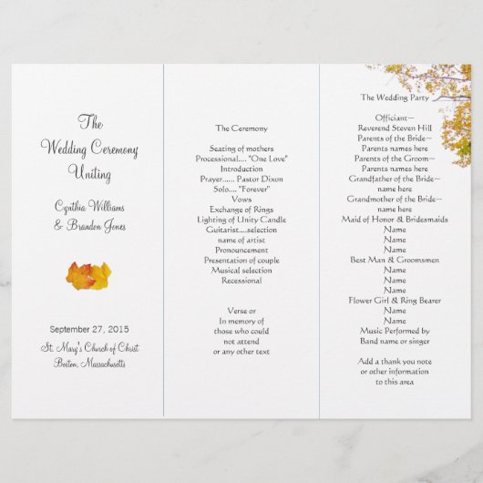 トゥールツリートリフォールド結婚式 プログラムテンプレート (正面)