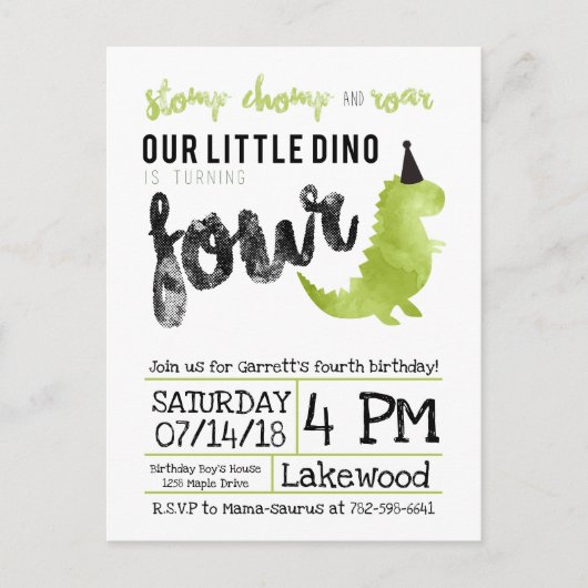 トゥールリトルディノ誕生日招待状恐竜テーマ インビテーションポストカード (正面)