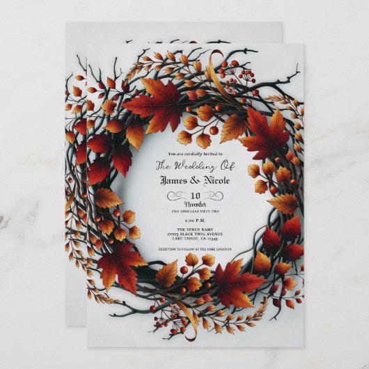 トウィッグ&離れ秋エレガントフローラ秋結婚の 招待状 (正面/裏面)