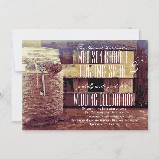 トウィネ包まれたメイスンジャーハート鍵結婚式 招待状 (正面)