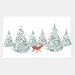 トウヒの木に覆われた雪の下の茶色の鹿 長方形シール