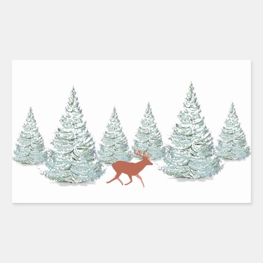 トウヒの木に覆われた雪の下の茶色の鹿 長方形シール (正面)