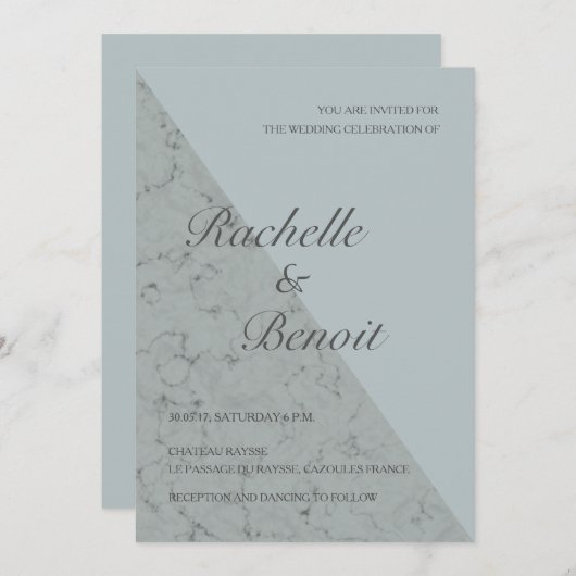 トウヒ青い灰色のエレガント大理石結婚の 招待状 (正面/裏面)