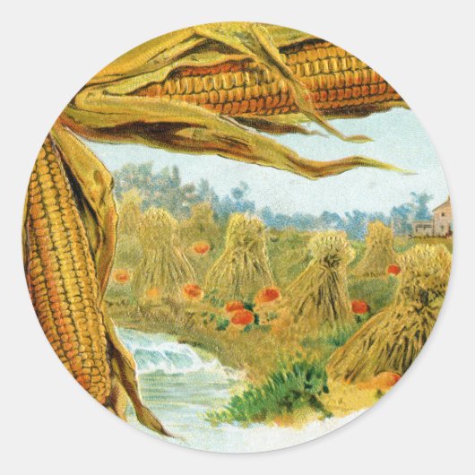 トウモロコシとカボチャのヴィンテージ感謝祭 ラウンドシール (正面)
