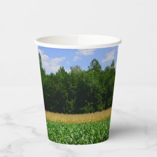 トウモロコシと小麦の畑と青い空の農村風景 紙コップ (左)