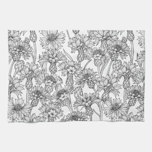 トウモロコシの花、白と黒の野生の花 キッチンタオル (横)