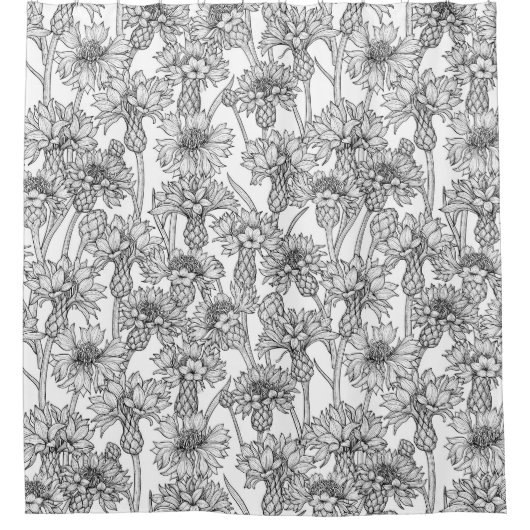 トウモロコシの花、白と黒の野生の花 シャワーカーテン (正面)