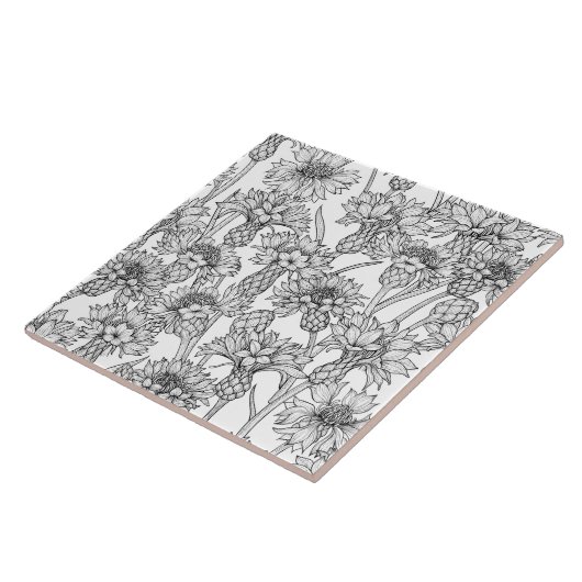 トウモロコシの花、白と黒の野生の花 タイル (側面)