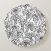 トウモロコシの花、白と黒の野生の花 ラウンドクッション (裏面)