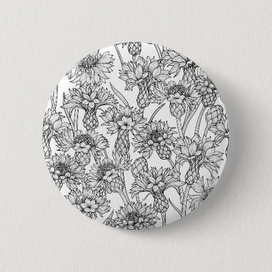 トウモロコシの花、白と黒の野生の花 缶バッジ (正面)