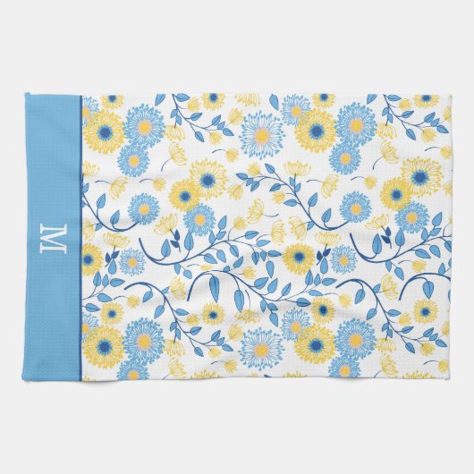 トウモロコシの青と黄の花柄モノグラム キッチンタオル (横)