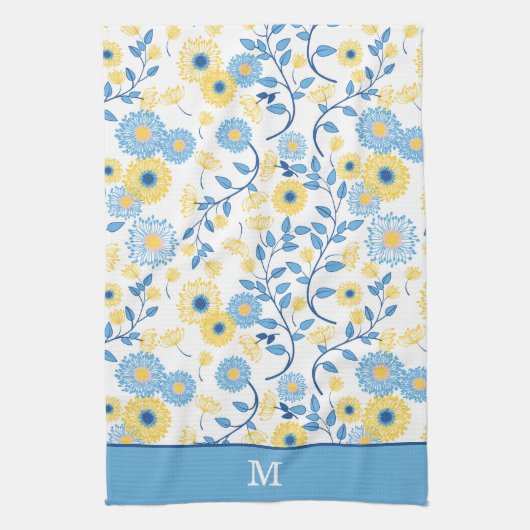 トウモロコシの青と黄の花柄モノグラム キッチンタオル (縦)