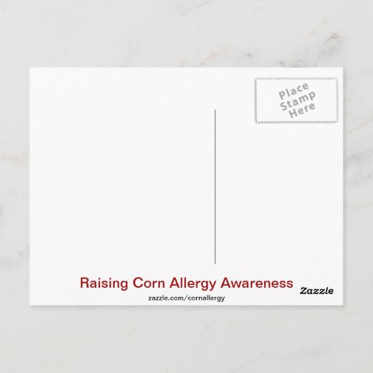 トウモロコシは全てにある – コーンアレルゲンのリスト ポストカード (裏面)