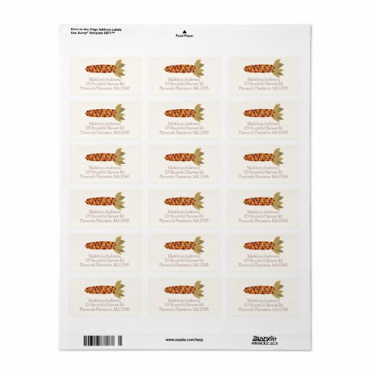 トウモロコシまたはインディアンコーン秋をテーマにした差出人住所 ラベル (フルシート)
