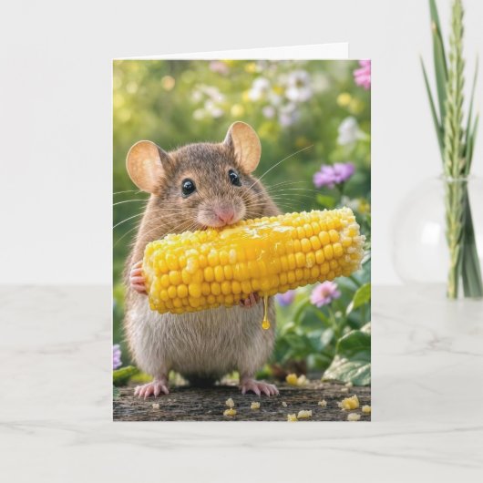 トウモロコシを食べる誕生日のネズミ カード (正面)