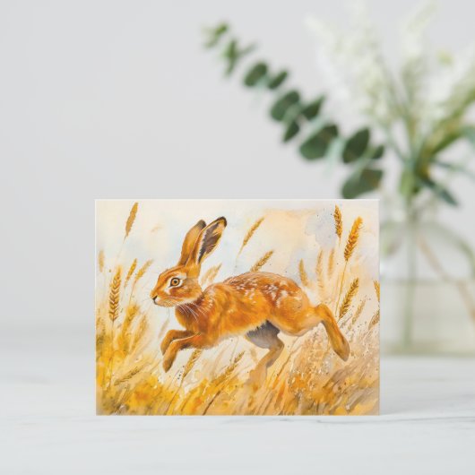 トウモロコシ畑の水の色の絵を描ウサギ ポストカード (スタンド正面)