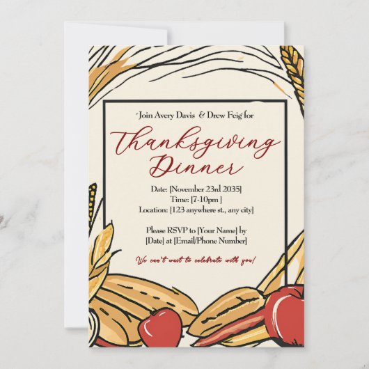 トウモロコシ、リンゴ、小麦の収穫感謝祭 招待状 (正面)