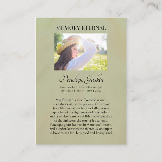 トオトコスとベビーイエズス正統の葬儀カード プレイスカード (裏面)