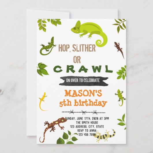 トカゲと爬虫類の誕生日テーマ 招待状 (正面)