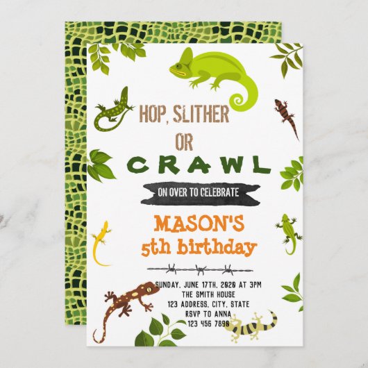 トカゲの爬虫類の誕生日テーマ 招待状 (正面/裏面)