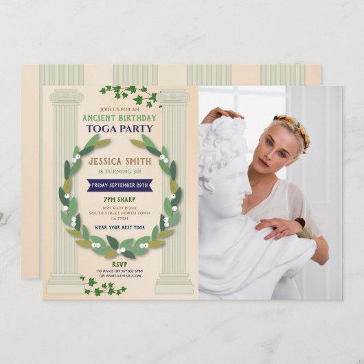 トガパーティー誕生日アイビースクロール古代ローマ写真 招待状 (正面/裏面)