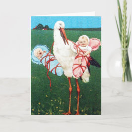 トキの双子ベイビーシャワー ピンク ティールブルー サンキューカード