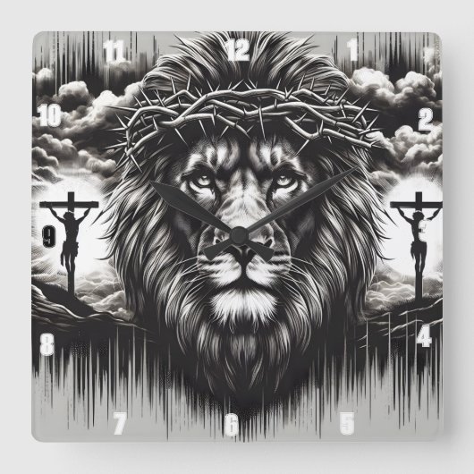 トゲ威厳のあるの冠を持つライオン スクエア壁時計 (正面)
