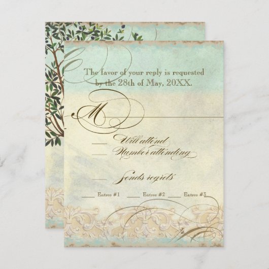 トスカナ式のオリーブnの渦巻- RSVPの応答を結婚すること 出欠カード (正面/裏面)