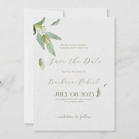 トスカニファンシーオ葉リーブオリーブの日付を保存 招待状 (正面)