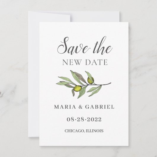 トスカーナのオリーブの枝。植物の結婚式の変更 セーブザデート (正面)