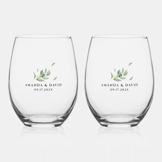 トスカーナのオリーブの葉の枝 ステムなしワイングラス (正面)