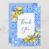 トスカーナのタイル水色とレモンサンキューカード 招待状 (正面/裏面)