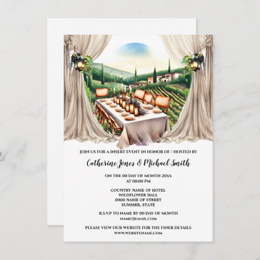 トスカーナのブドウ畑のワイン結婚ファームのダイニング 招待状 (正面/裏面)