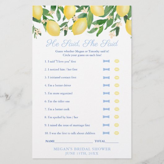 トスカーナのレモン彼は彼女はウェディングシャワーゲームを言った チラシ (正面)