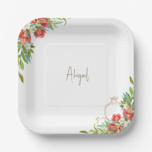 トスカーナのワインレッドとザクロの花のシャワー ペーパープレート (正面)